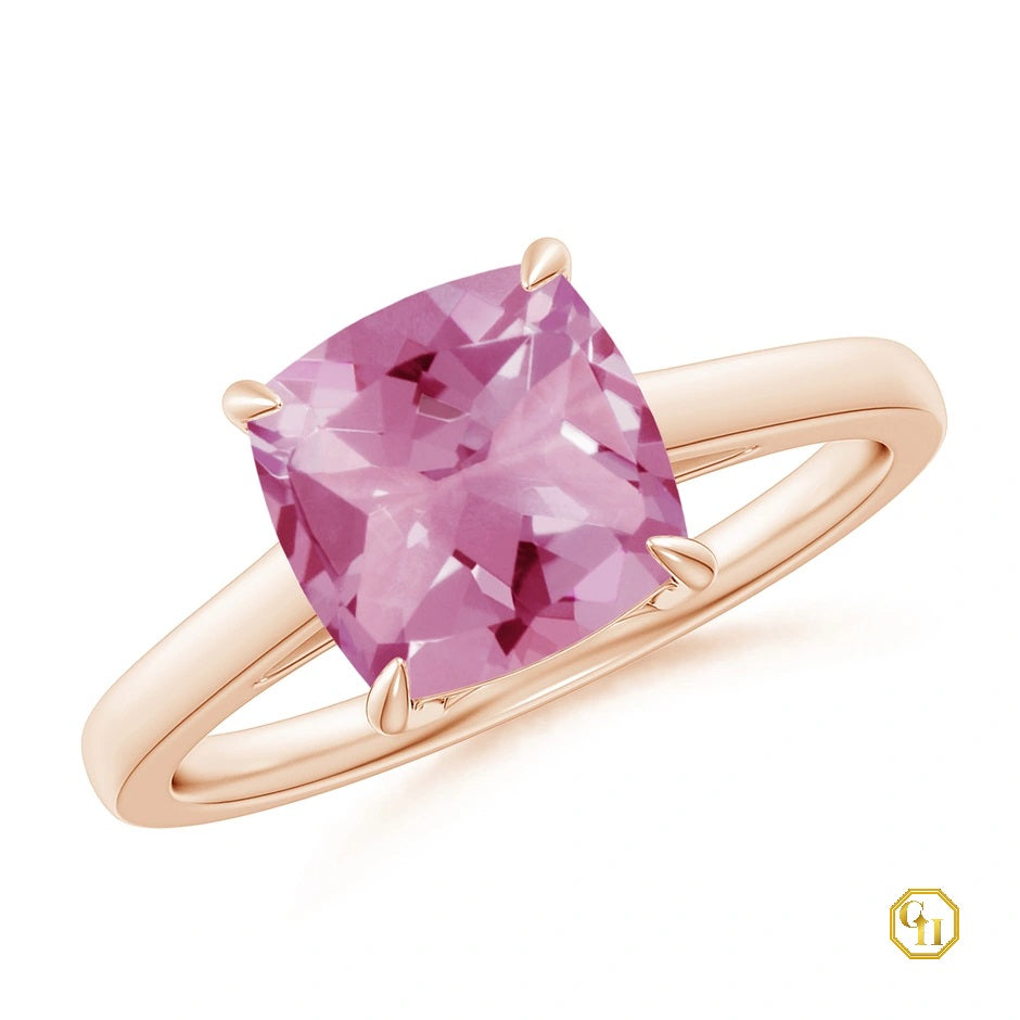 Solitaire Pink Tourmaline Cocktail Ring, Pink Stone Ring for Women, 18K Solid Gold Moissanite Wedding Ring