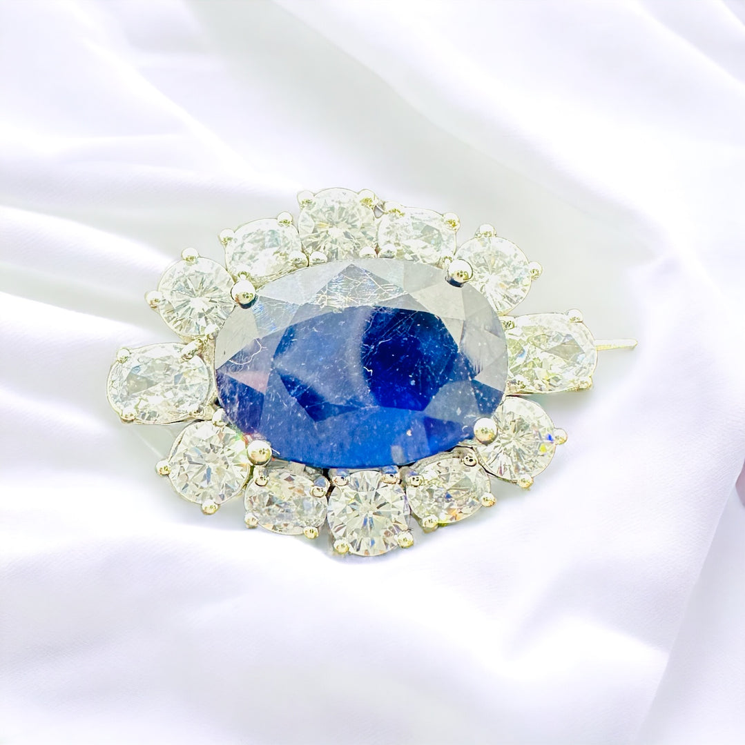 Queen Elizabeth Inspired Natural Blue Sapphire Brooch with Halo Zircons | AAA+ Stone Quality | 925 Sterling Silver | Handcrafted | Best Gift for Him & Her | Unisex Style