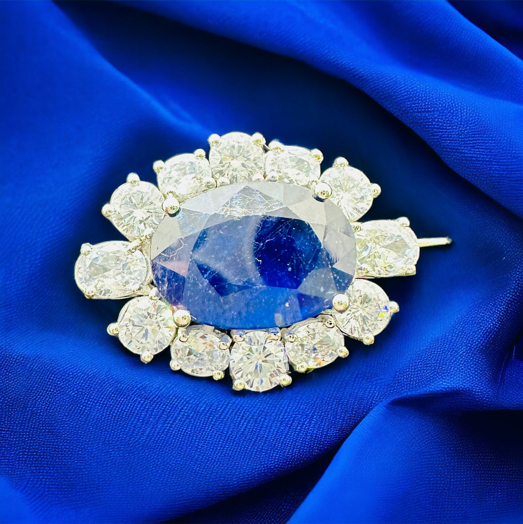 Queen Elizabeth Inspired Natural Blue Sapphire Brooch with Halo Zircons | AAA+ Stone Quality | 925 Sterling Silver | Handcrafted | Best Gift for Him & Her | Unisex Style