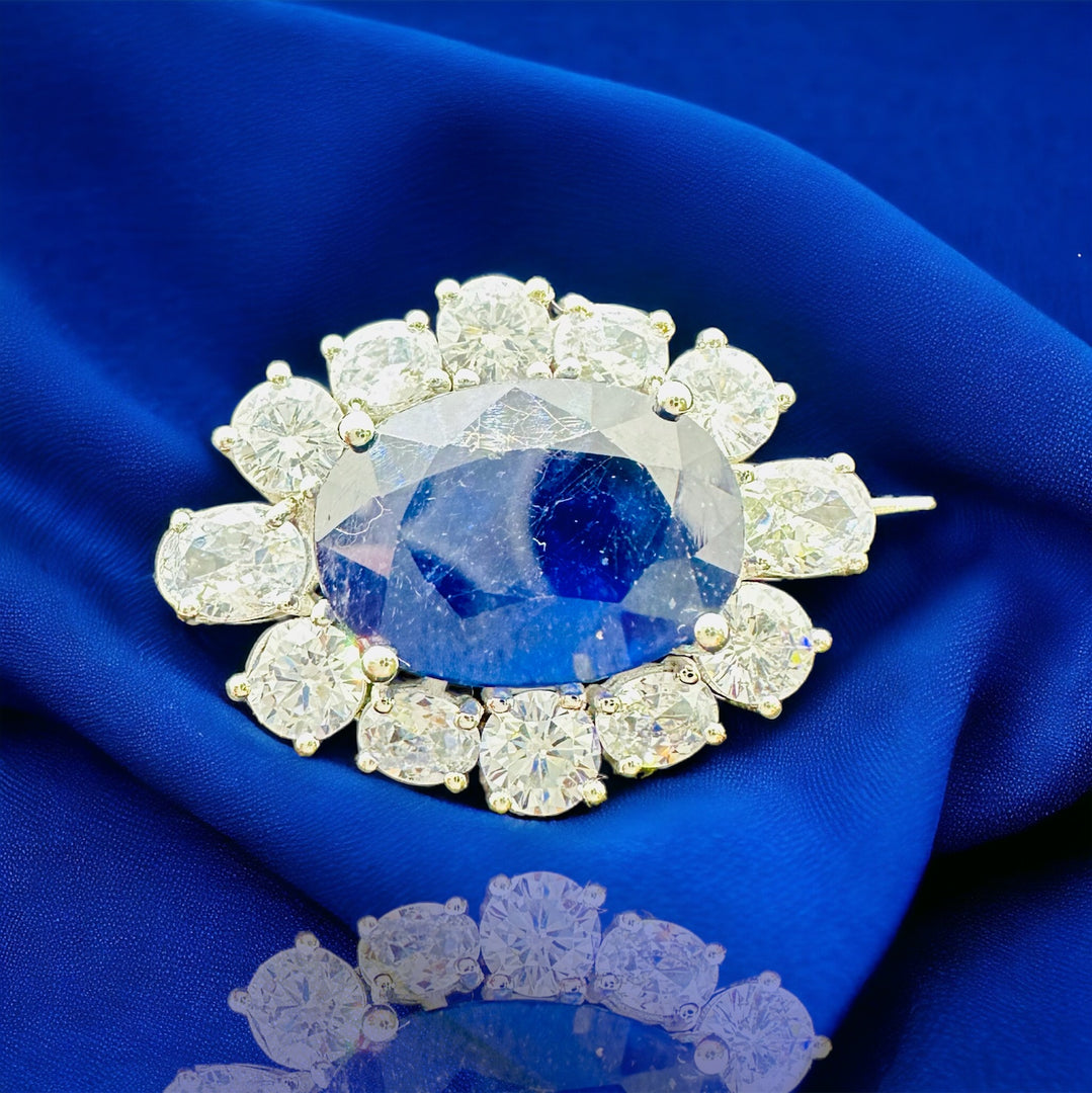 Queen Elizabeth Inspired Natural Blue Sapphire Brooch with Halo Zircons | AAA+ Stone Quality | 925 Sterling Silver | Handcrafted | Best Gift for Him & Her | Unisex Style