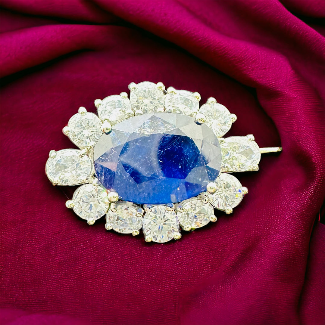 Queen Elizabeth Inspired Natural Blue Sapphire Brooch with Halo Zircons | AAA+ Stone Quality | 925 Sterling Silver | Handcrafted | Best Gift for Him & Her | Unisex Style