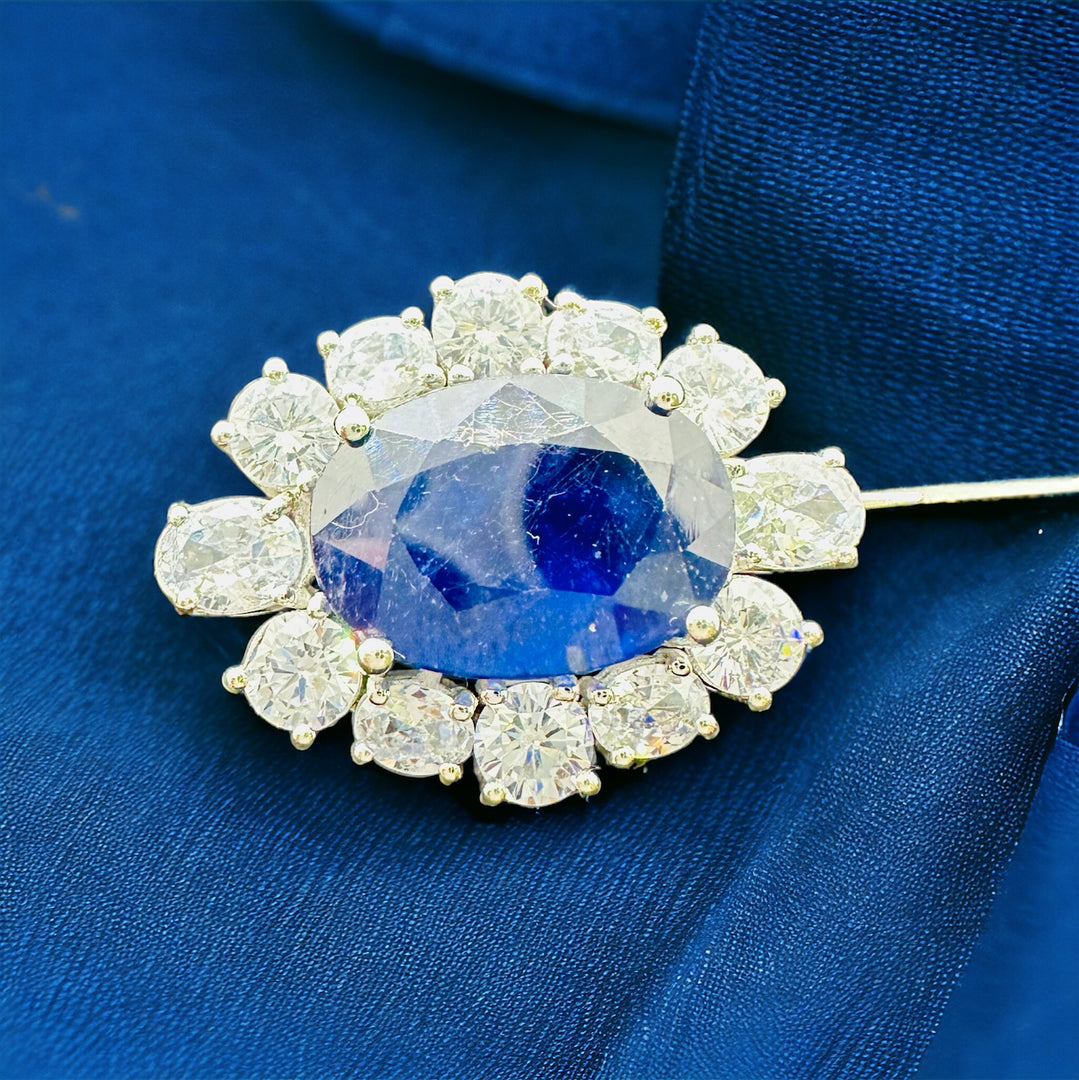 Queen Elizabeth Inspired Natural Blue Sapphire Brooch with Halo Zircons | AAA+ Stone Quality | 925 Sterling Silver | Handcrafted | Best Gift for Him & Her | Unisex Style